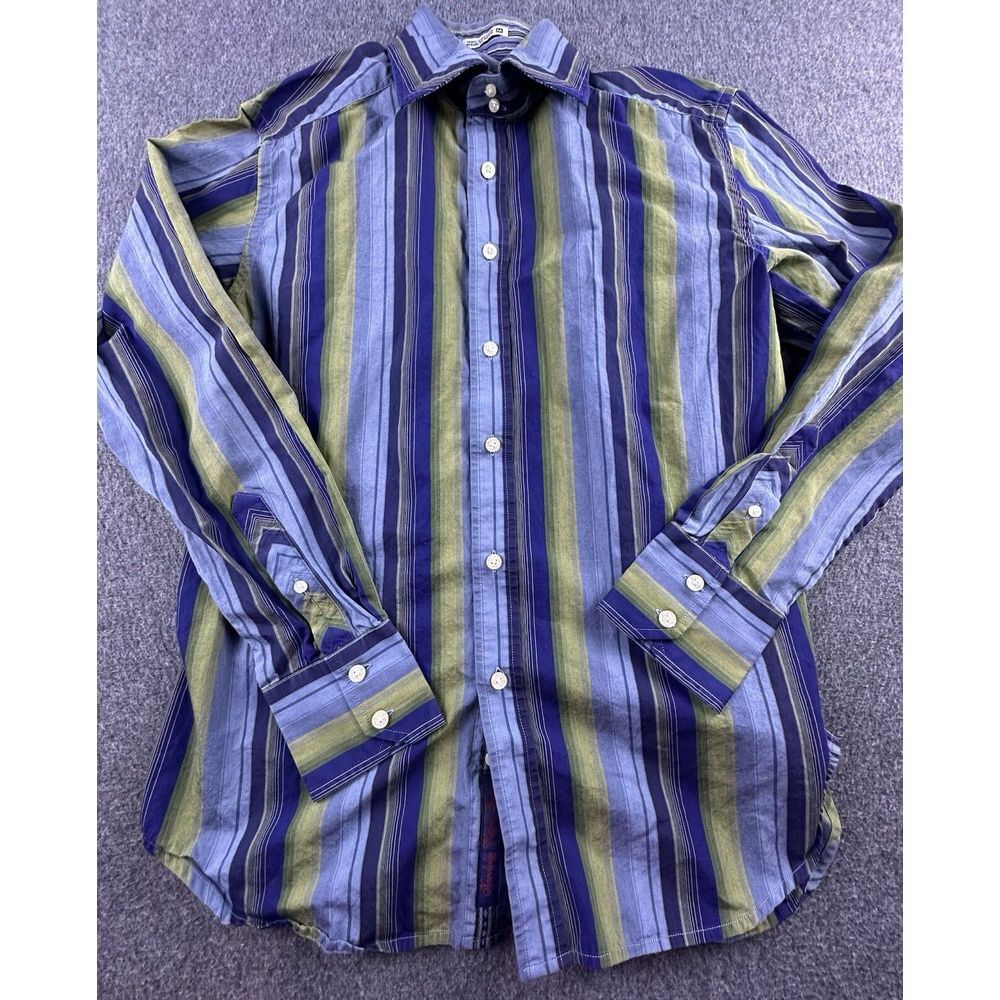 Robert Graham Shirt‎ Mens Medium Blue Green Striped Button Up Long Sleeve Cotton